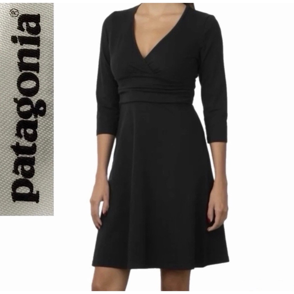 Patagonia Dress Womens Medium Black Organic Cotton Blend V-Neck 3/4 Sleeve